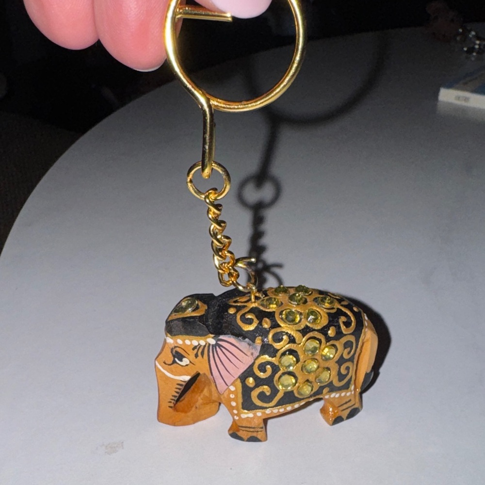 Elephant Keychain Gold Accents intricate carving painting wooden elephant - Picture 4 of 5